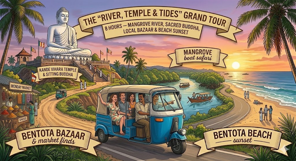 Madu Ganga boat safari mangrove river, Kande Vihara Temple sitting Buddha, Bentota Beach sunset golden hour